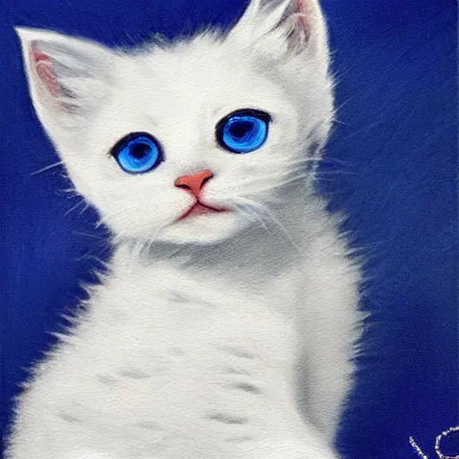 Prompt: painting of cute white kitten with blue eyes