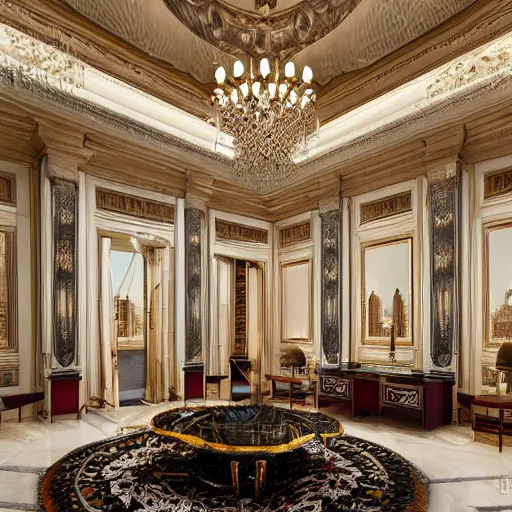 Prompt: modern luxury interior home design, palace with high ceiling and beautiful sculptures, photorealistic, ultra-detailed, 4k high resolution, HDR shot