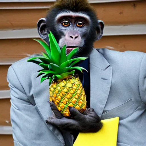 Prompt: a monkey wearing a tie holding a pineapple