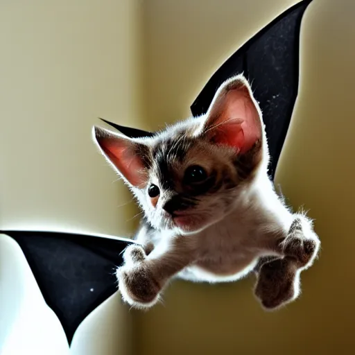 Image similar to bat kitten is flying in living room, photo taken by nikon, very detailed, 4k