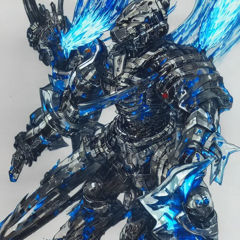 Prompt: a drawing of a lone cybernatic samurai, blue armor, fire and water, by yoji shinkawa and tsutomu nihei, detailed art, highly detailed, trending on artstation