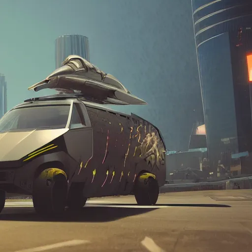 Image similar to cyberpunk alien concept of the a - team van with a pair of wings flying trough the sky, futuristic look, highly detailed body, very powerful, photorealistic camera shot, crisp quality and light reflections, unreal engine 5 quality render