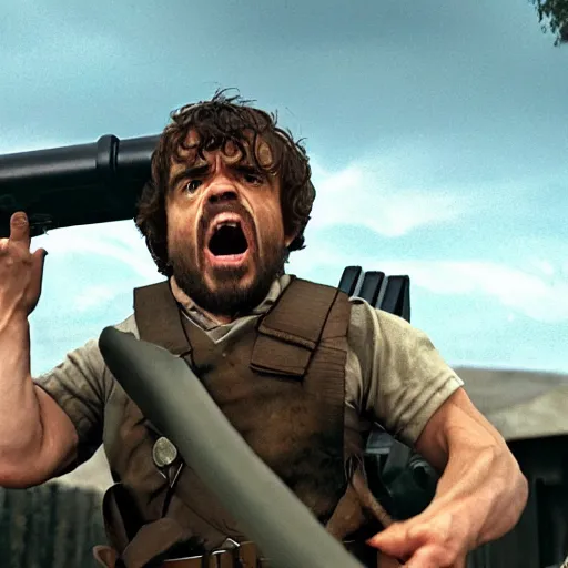 Image similar to Peter Dinklage as Rambo, screaming and shooting a rocket launcher, photo, detailed, 4k