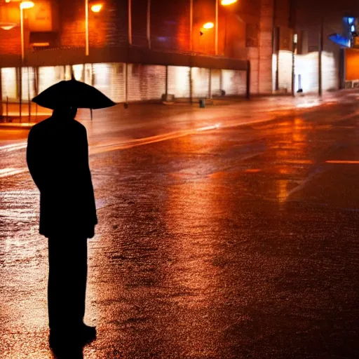 Prompt: lonely man waiting in rain at night under a street lamp