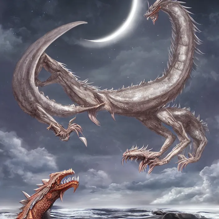 Image similar to digital art of colossal dragon eating a moon