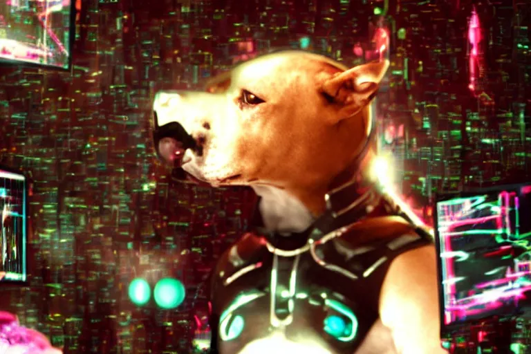 Image similar to cyborg - pitbull, surrounded by screens, in 2 9 9 9, y 2 k cybercore, industrial low - light photography, still from a ridley scott movie