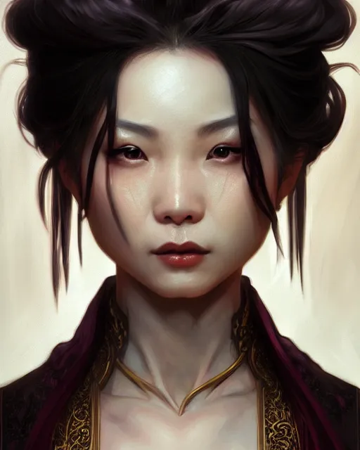 Prompt: Portrait of a female thief, chinese face features, dark fantasy, intricate, elegant, highly detailed, digital painting, artstation, concept art, smooth, sharp focus, illustration, art by Sam Youn and Fernanda Suarez and Artem Demura and alphonse mucha