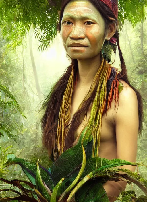 Image similar to beautiful matte painting of a portrait of a plant teacher spirit uchu sanango in the jungle, tribal face paintings, ayahuasca, matte painting, realistic