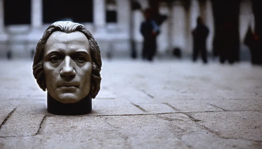 Image similar to 1 9 7 0 s movie still of the head of robespierre on the pavement, cinestill 8 0 0 t 3 5 mm, high quality, heavy grain, high detail, cinematic composition, dramatic light, anamorphic, ultra wide lens, hyperrealistic