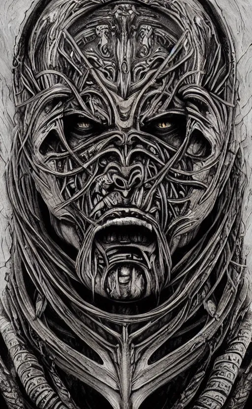 Image similar to H.R. Giger and Elden Ring themed painting of ancient hybrid majestic aztec shaman fantasy cyber human beautiful symmetrical face angry mask closeup face mask tattoo pattern golden ratio concept, deep forest psytrance Neo-Gothic concept, infinity glyph waves, intricate artwork masterpiece, very coherent artwork, cinematic, full frontal facial features by Artgerm, Takato Yamamoto, Zdizslaw Beksinski, Johnatan Wayshak, Moebius, Ayami Kojima, very coherent artwork, trending on cgsociety, ultra high quality model, production quality cinema model, high detail chromatic ink outline, octane render, unreal engine 8k, hyper realism, high detail, octane render, unreal engine, 8k, High contrast