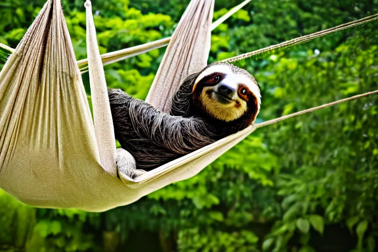 Image similar to a photograph of a sloth resting in a hammock in his garden, nature photography, sharp focus, long focal length