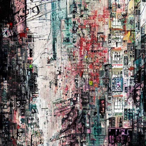 Prompt: a messy portrait of a busy hong kong street corner, in the style of carne griffiths