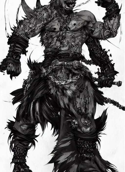 Prompt: Full body portrait of a scarred gnoll with white fur in ornate ninja garb. In style of Yoji Shinkawa and Hyung-tae Kim, trending on ArtStation, dark fantasy, great composition, concept art, highly detailed, dynamic pose.