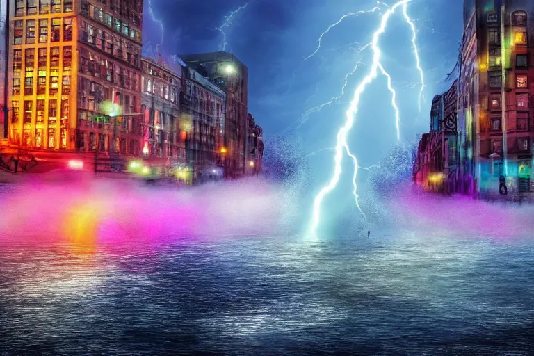 Prompt: multiple water tornado in the city, lightning strikes, ultra realistic, photorealistic, highly detailed, sharp focus, vivid, colorful