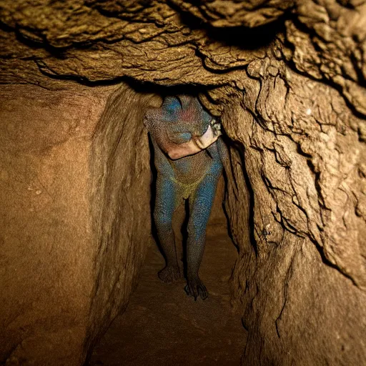 Prompt: photo inside a cave of a lizard humanoid staring in the dark with a really scary and hungry face