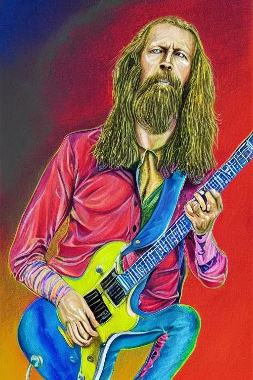 Prompt: a professional painting of Duane Allman, in brightly colored psychedelic shirt, playing a guitar, long hair, beautiful bone structure, symmetrical facial features, intricate, elegant, digital painting, concept art, smooth, sharp focus, illustration, William-Adolphe Bouguerea, epic, stunning, gorgeous, intricate detail, much wow, ultra realistic, photorealism, 4K, masterpiece, trending on artstation