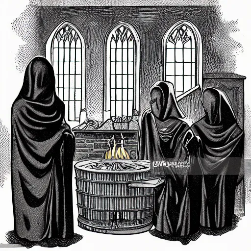 Prompt: cultists in black robes surround a stove, realistic, gothic