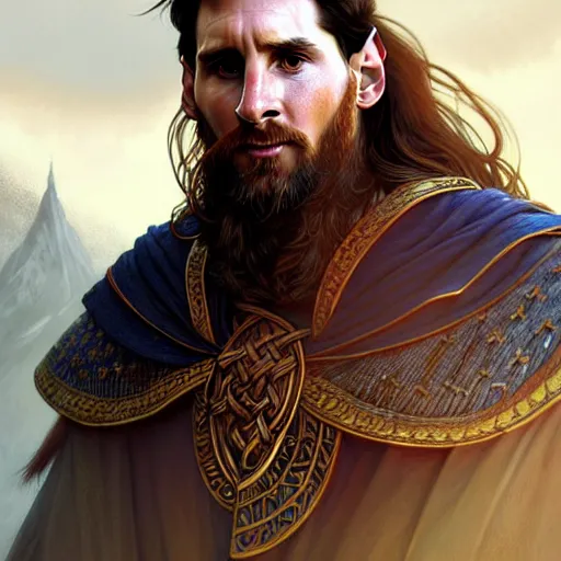 Image similar to Messi as a viking, D&D, fantasy, intricate, elegant, highly detailed, digital painting, artstation, concept art, matte, sharp focus, illustration, art by Artgerm and Greg Rutkowski and Alphonse Mucha