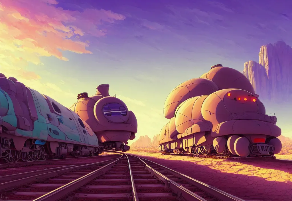 Prompt: chubby futuristic train on a railroad in the desert with a cactus on the right in the forefround, intricate oil painting, high detail illustration, sharp high detail, manga and anime 1 9 9 9, official fanart behance hd artstation by jesper ejsing and makoto shinkai, 4 k,