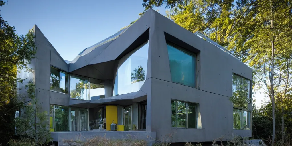 Image similar to large futuristic residence, gray and brown concrete, blue and yellow metal, many large green windows, cascadian, cuboid elements