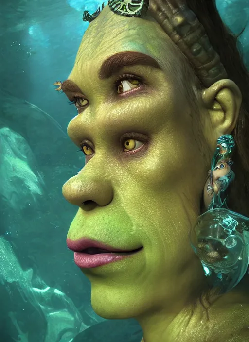 Prompt: underwater portrait of shrek as the naga queen, naturel, hyper detailed, digital art, trending in artstation, cinematic lighting, studio quality, smooth render, unreal engine 5 rendered, octane rendered, art style by klimt and nixeu and ian sprigger and wlop and krenz cushart.