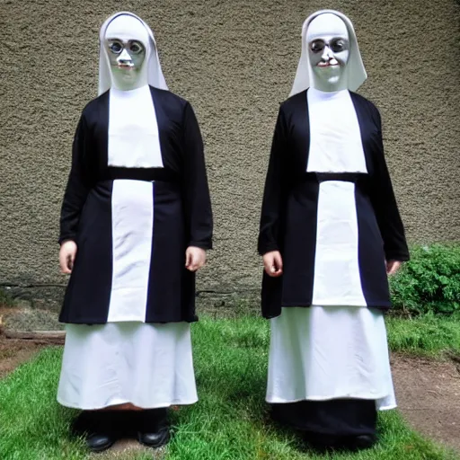 Prompt: two freaky floating twin nuns