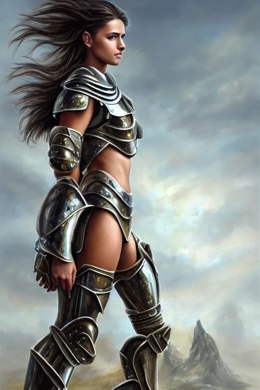 Image similar to a photorealistic painting of an attractive young girl, partially clothed in metal-plated battle armor, standing in front of a distant landscape, olive skin, fair complexion, long dark hair, flawless skin, beautiful bone structure, perfectly symmetric facial features, perfect photorealistic eyes, natural physique, intricate, elegant, digital painting, concept art, finely detailed, beautifully illustrated, sharp focus, minimal artifacts, volumetric lighting, from Metal Gear, by Ruan Jia and Mandy Jurgens and Artgerm and William-Adolphe Bouguerea, in the style of Greg Rutkowski, trending on Artstation, award winning art