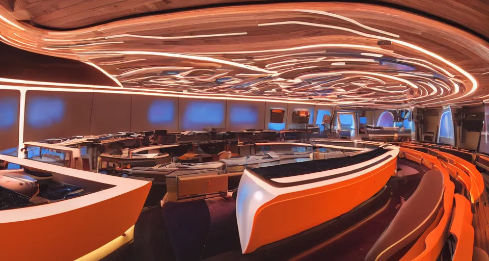 Prompt: Film still of the bridge of a space ship, large viewscreens, control panels, wood effect, wood panels, pot plants, organic, high end interior, soft orange and purple highlights, neutral light, soft edges, calm feeling, Cinestill colour cinematography, anamorphic