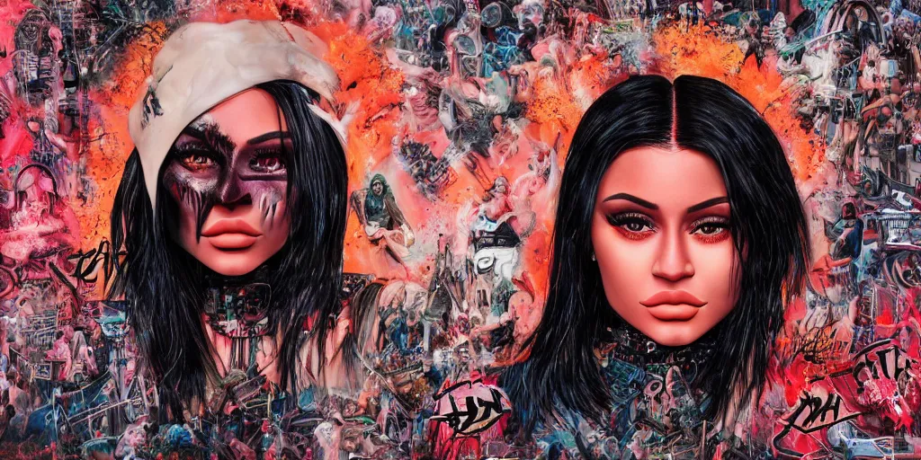 Image similar to hyper realistic kylie jenner on a tomorrow land stage in the style of a slipknot album cover, minimal art style, highly detailed, intricate, digital painting, artstation, 3 5 mm film grain