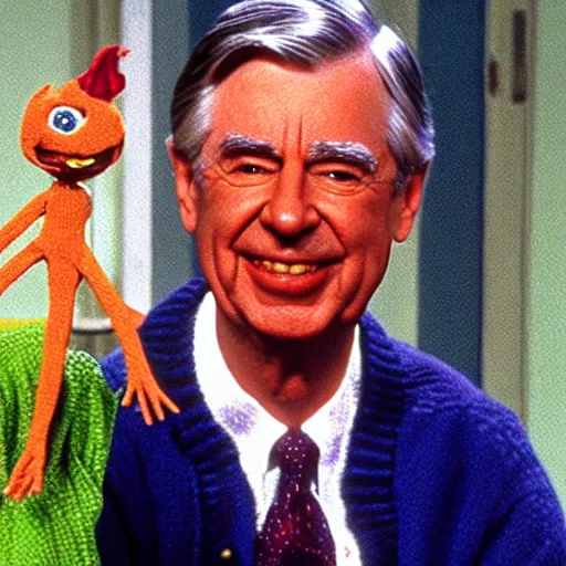 Image similar to mr. rogers proudly displaying an extremely disturbing horror puppet dripping with slime, color screengrab, 4 k