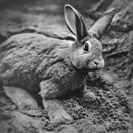 Image similar to a rabbit dressed as a ww1 russian soldier, posing in a muddy trench, grainy black and white photograph