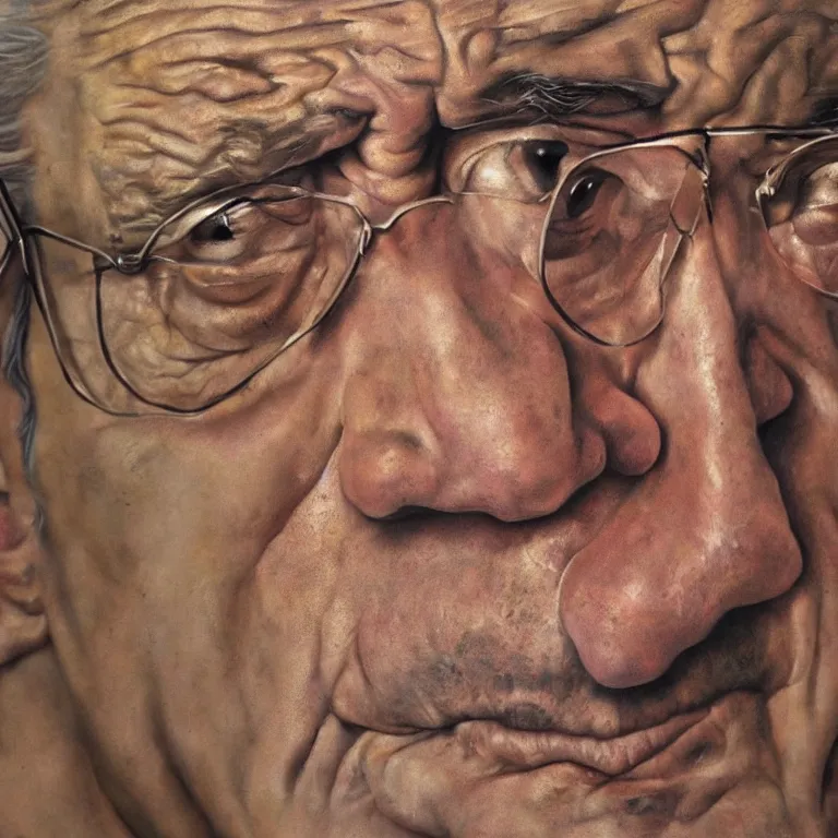 Image similar to close up studio portrait of aging old Robert De Niro age 115 wrinkled angry, shiny impasto oil painting by Lucian Freud and Tim Hawkinson and Cy Twombly, trending on artstation Studio lighting Expressionism