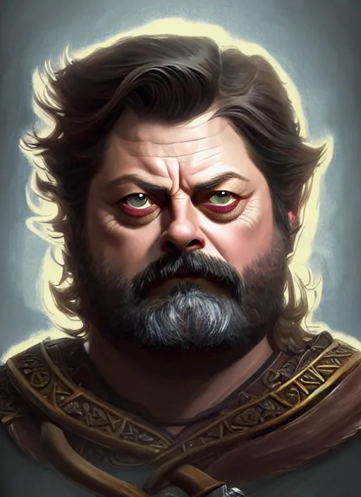 Image similar to portrait of nick offerman as odin, d & d, muscular, eyepatch! fantasy, intricate, elegant, highly detailed, digital painting, artstation, concept art, smooth, sharp focus, illustration, art by artgerm and greg rutkowski and alphonse mucha