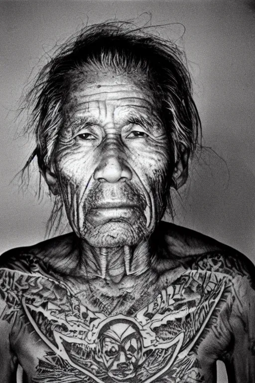 Image similar to one old indigenous man with micron pen ink tattoos stares at the camera, night sky, stars, bruce gilden, leica s, fuji 8 0 0, grainy, low light