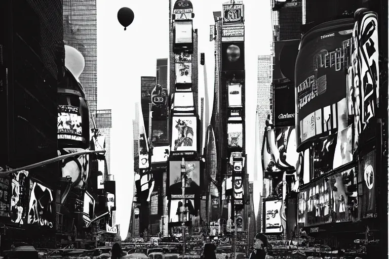 Image similar to an intricate, awe inspiring cyberpunk photograph of a girl with balloon, Times Square, by Ansel Adams ((black and white))