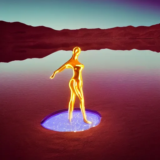 Prompt: 4 k polaroid wide angle photo of a glowing giant steel shiny reflective woman statue dancing, half submerged in water, in a desert oasis lake, at dusk, with neon lighting