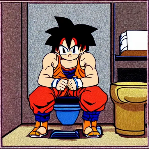 Image similar to highly detailed pen and ink shonen jump son goku sitting on toilet seat powering up illustrated by constipated akira toriyama