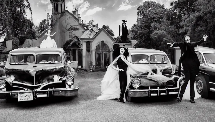 Image similar to Tim Burton movie about an evil hearse attacking people at a wedding