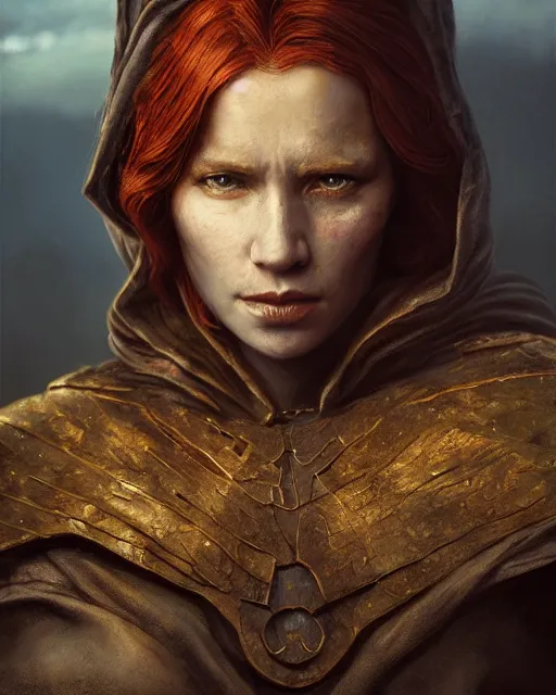 Prompt: the elder scrolls vi, charismatic hooded rugged female redhead breton battlemage portrait, illustration, rim light, top light, perfectly shaded, golden hour, epic, intricate, soft painting, by leesha hannigan, ross tran, thierry doizon, kai carpenter, ignacio fernandez rios