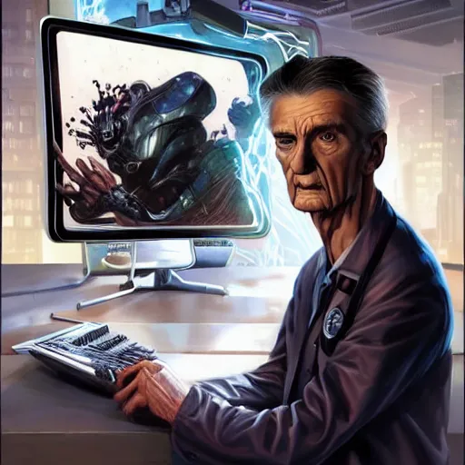 Prompt: marvel comic book style portrait painting of an old short thin man with a thin mean face, wearing a futuristic lab coat, standing in front of a computer simulation, sci - fi, intricate, elegant, highly detailed, digital painting, artstation, concept art, matte, sharp focus, illustration, art by artgerm and greg rutkowski and jim burns and alan lee