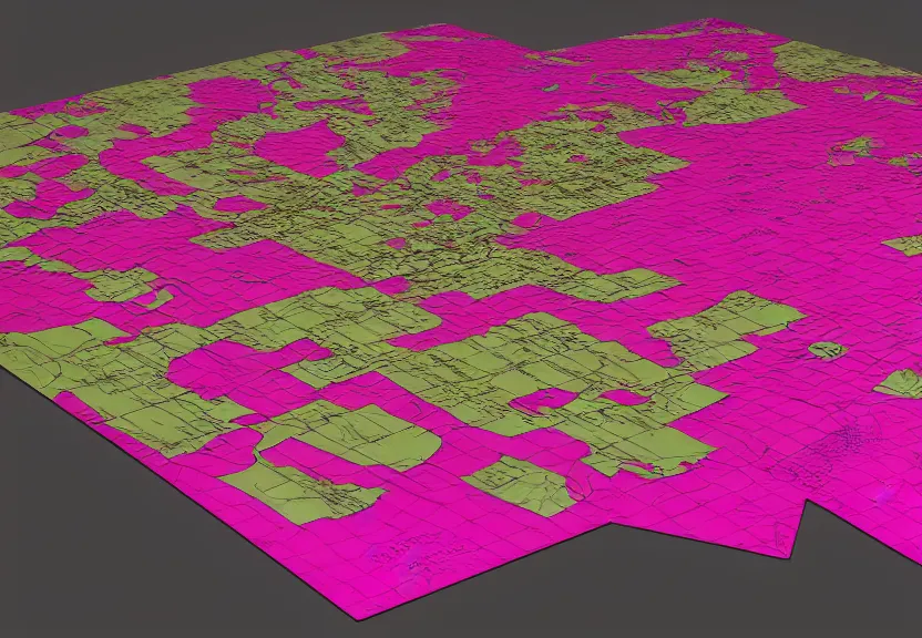 Image similar to “magenta theme, war tactic table with a map on it, unfinished borders, 4k, 3D, view from the side”