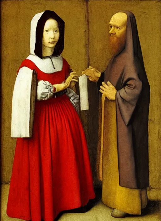 Prompt: red cloth and red shoes, medieval painting by jan van eyck, johannes vermeer