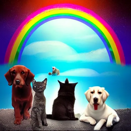 Prompt: a group of pet dogs and cats waiting patiently at the entrance to a glorious and heavenly rainbow bridge, beautiful art, artstation