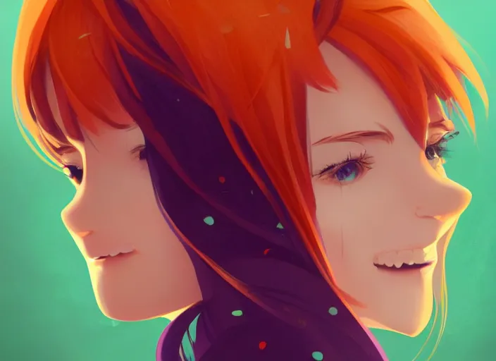 Image similar to portrait of a beautiful smiling girl with orange hair and freckles, green eyes, highly detailed, digital painting, concept art, smooth, sharp, focus, illustration. background is purple, anime key visual, lois van baarle, ilya kuvshinov, rossdraws, artstation