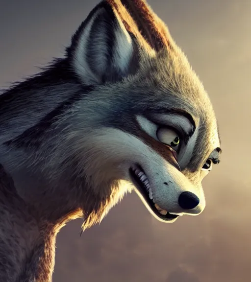 Image similar to a film still from zootopia main character portrait anthro anthropomorphic wolf guard head animal person fursona pixar disney animation sharp rendered in unreal engine 5 anime key art by greg rutkowski bloom dramatic lighting modeling beginner render