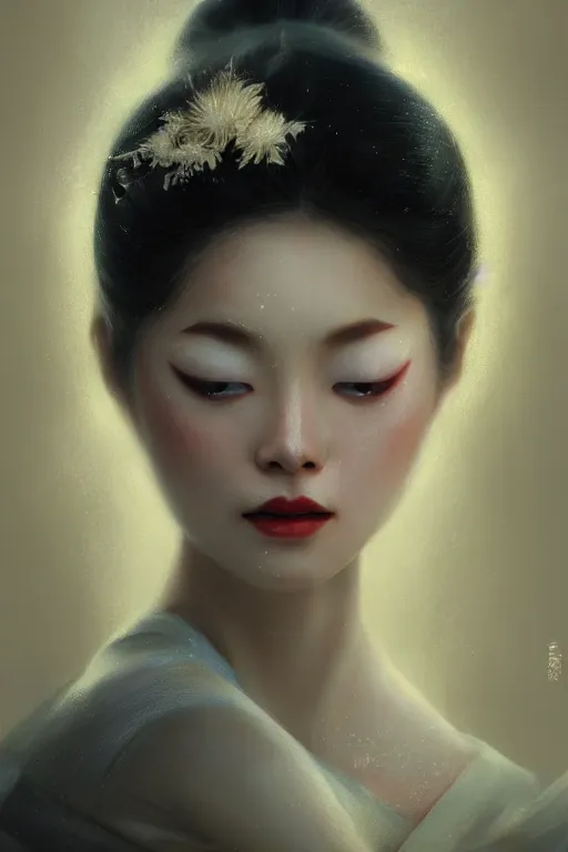 Prompt: geisha prima ballerina, gorgeous, ethereal, close-up portrait, intricate, elegant, volumetric lighting, scenery, digital painting, highly detailed, artstation, sharp focus, illustration, concept art, ruan jia, steve mccurry