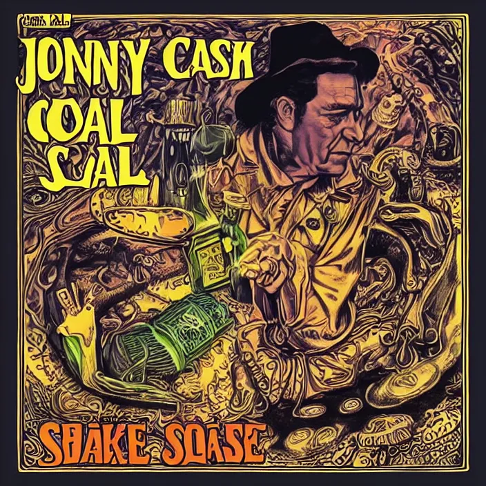 Prompt: album cover for the Johnny Cash and Snake Oil colab record. Snake oil, quackery, folk medicine, scamming, beautiful album cover with no text, album art by Jack Kirby, snake oil