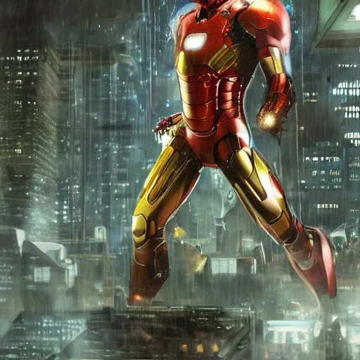 Prompt: a hyperdetailed photograph of iron man flying through the skies of a cyberpunk, futuristic city, night, dense fog, rain, hd, 8 k resolution by greg rutowski, stanley artgerm, alphonse mucha