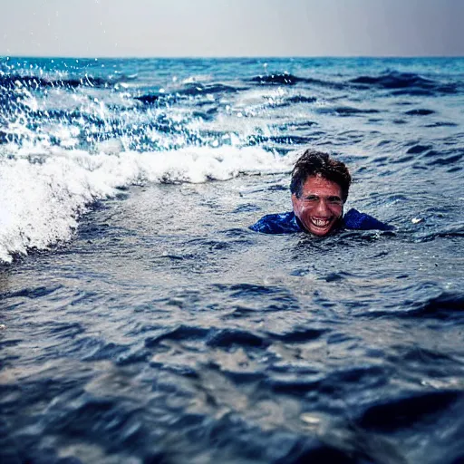 Image similar to national geographic photographer in the ocean taking a selfie smiling to the camera,