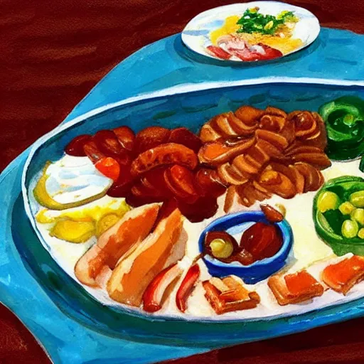 Prompt: Delicious meze platter. Gouache painting by studio Ghibli.